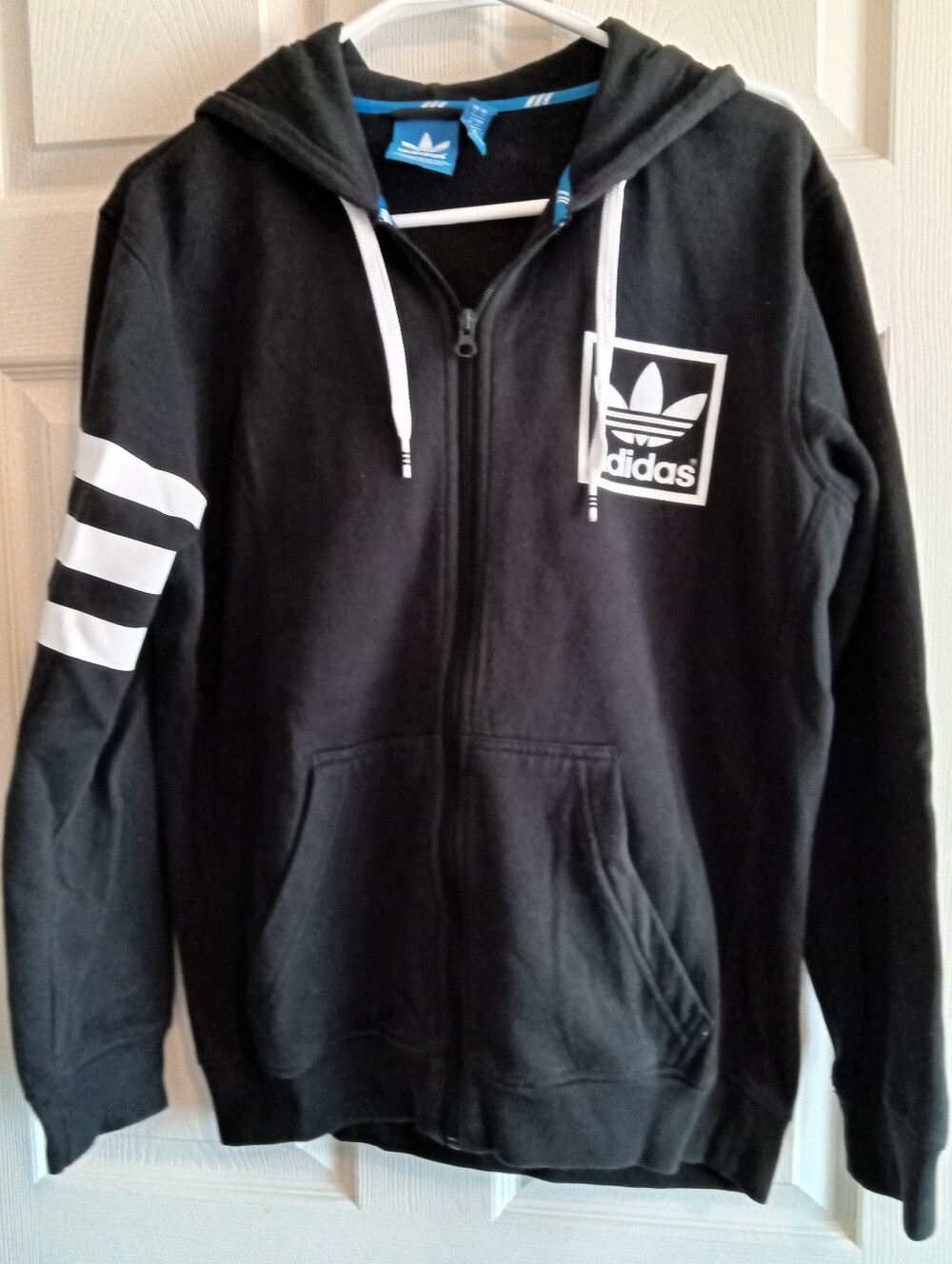adidas Black Zip Hoodie with White Logo and Sleeve Stripes
